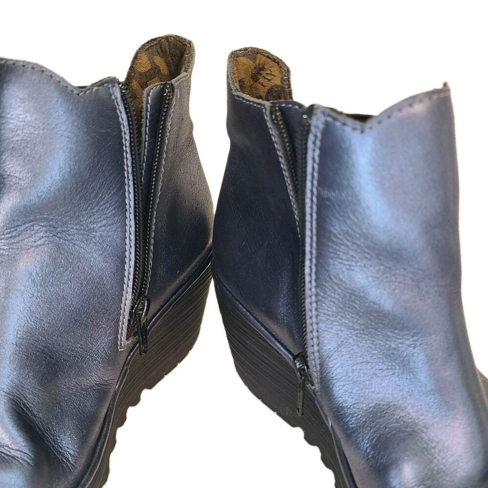 Fly London Yasi Metallic Blue Leather Wedge Ankle Booties EU 37 Whimsigoth Edgy - Picture 9 of 9